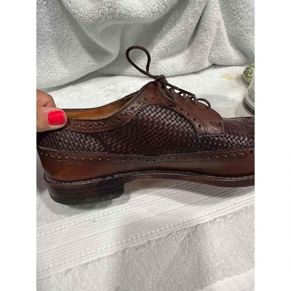 Allen Edmonds Leiden Dark Brown Woven Leather Wingtip Oxford Shoes Mens 12D